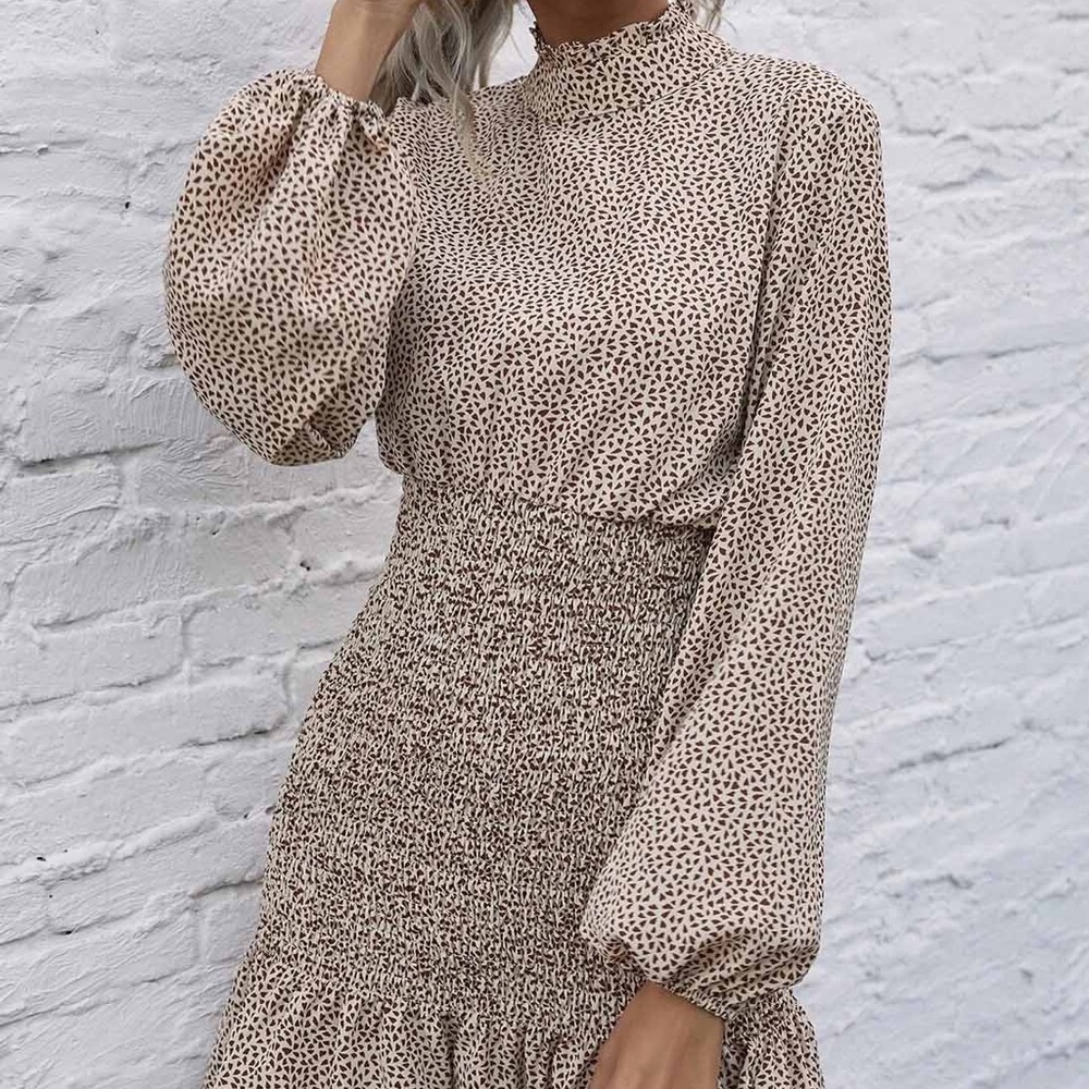 Billowy Beige Mini Dress - Picture 2 of 12